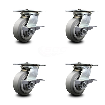 Service Caster 5 Inch Heavy Duty Thermoplastic Caster Set with Roller Bearings and Brakes SCC SCC-35S520-TPRRF-SLB-4